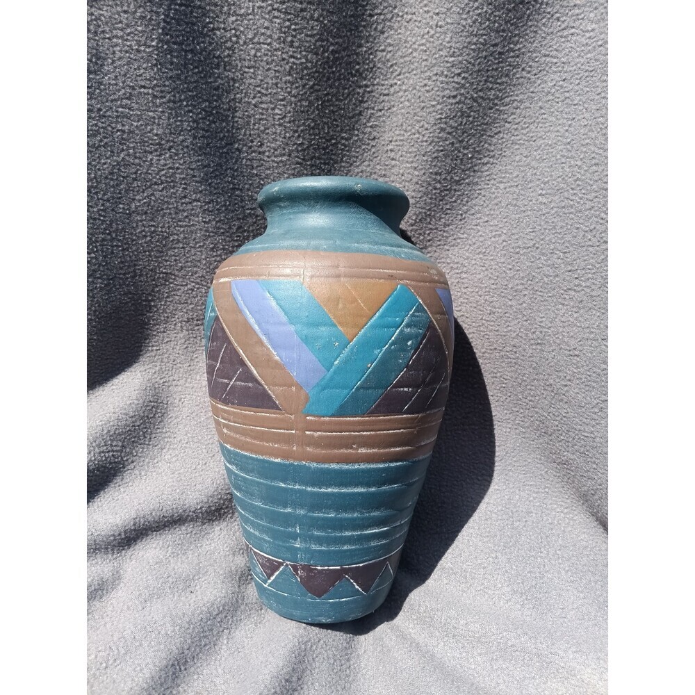 Vtg Southwest Pottery Vase Etched Geometric Terracotta Pastel Mountain Scene - Picture 3 of 8